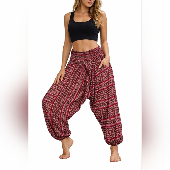 Pants - Boho Harem Pants Red Patterned One Size Smocked Waist Festival Yoga Lounge